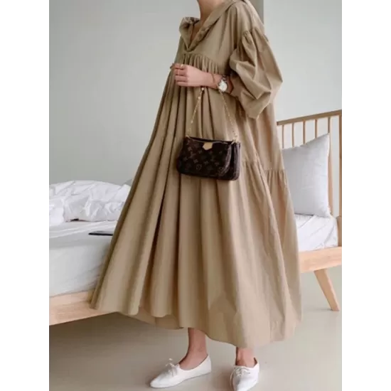 Urban Solid Color Pleated Long Sleeves Hooded Midi Dress