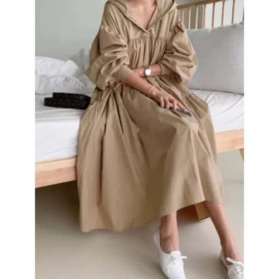 Urban Solid Color Pleated Long Sleeves Hooded Midi Dress