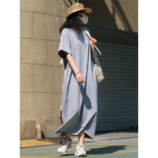 Casual Short Sleeves Solid Color Round-Neck Maxi Dress