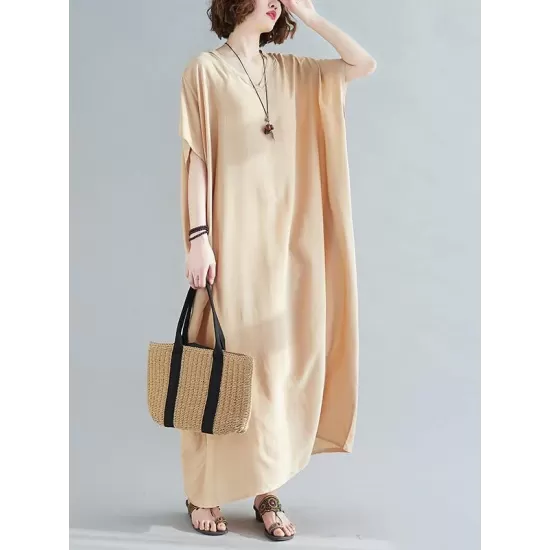 9 Colors Loose Solid Color V-Neck Maxi Dress