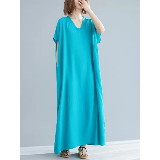 9 Colors Loose Solid Color V-Neck Maxi Dress