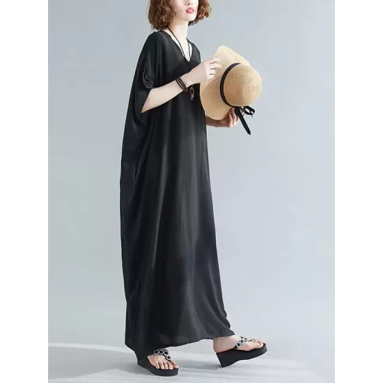 9 Colors Loose Solid Color V-Neck Maxi Dress