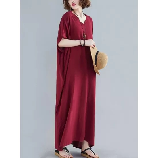 9 Colors Loose Solid Color V-Neck Maxi Dress