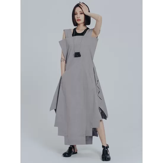 Casual Loose Sleeveless Irregular Gray Maxi Dress