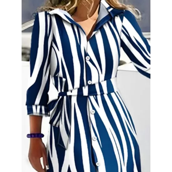 Buttoned Tied Waist Zebra Printed High Waisted Long Sleeves V-neck Shirt Dress Maxi Dresses