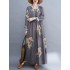 Casual Loose Pleated Flower Printed Round-Neck Long Sleeves Maxi Dress