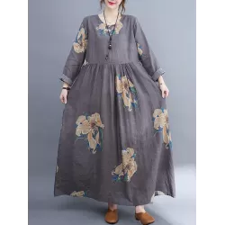 Casual Loose Pleated Flower Printed Round-Neck Long Sleeves Maxi Dress