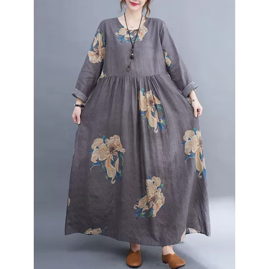 Casual Loose Pleated Flower Printed Round-Neck Long Sleeves Maxi Dress