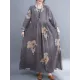 Casual Loose Pleated Flower Printed Round-Neck Long Sleeves Maxi Dress