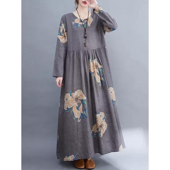 Casual Loose Pleated Flower Printed Round-Neck Long Sleeves Maxi Dress