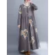 Casual Loose Pleated Flower Printed Round-Neck Long Sleeves Maxi Dress