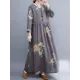 Casual Loose Pleated Flower Printed Round-Neck Long Sleeves Maxi Dress