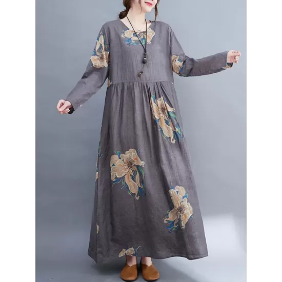 Casual Loose Pleated Flower Printed Round-Neck Long Sleeves Maxi Dress