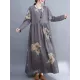 Casual Loose Pleated Flower Printed Round-Neck Long Sleeves Maxi Dress