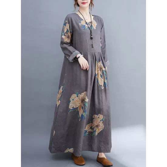 Casual Loose Pleated Flower Printed Round-Neck Long Sleeves Maxi Dress