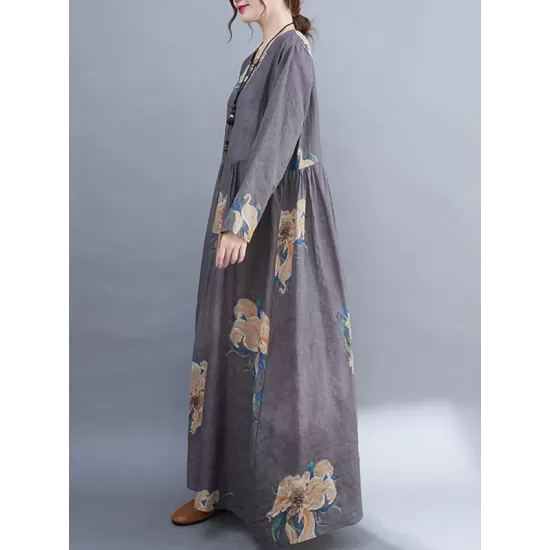 Casual Loose Pleated Flower Printed Round-Neck Long Sleeves Maxi Dress