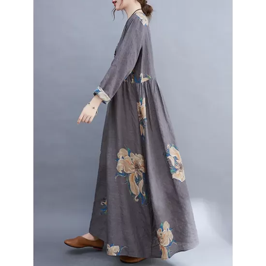 Casual Loose Pleated Flower Printed Round-Neck Long Sleeves Maxi Dress