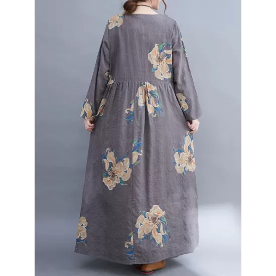 Casual Loose Pleated Flower Printed Round-Neck Long Sleeves Maxi Dress