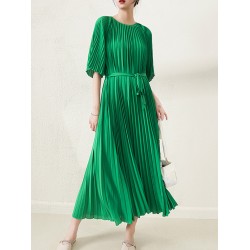 Loose Pleated With Waistband Solid Color Round-Neck Maxi Dresses