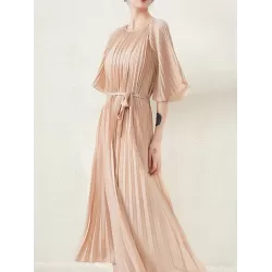 Loose Pleated With Waistband Solid Color Round-Neck Maxi Dresses