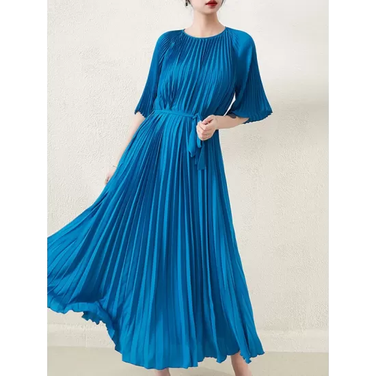 Loose Pleated With Waistband Solid Color Round-Neck Maxi Dresses