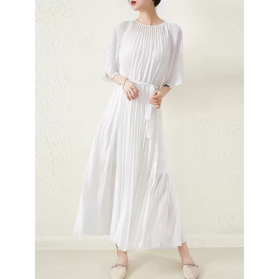 Loose Pleated With Waistband Solid Color Round-Neck Maxi Dresses