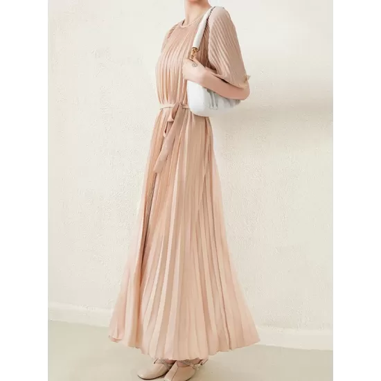 Loose Pleated With Waistband Solid Color Round-Neck Maxi Dresses