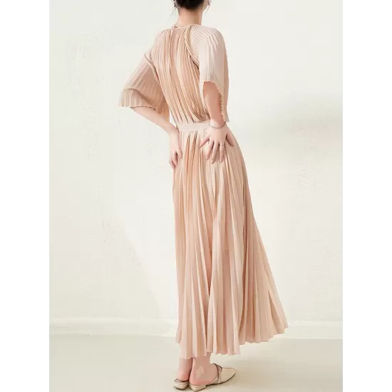 Loose Pleated With Waistband Solid Color Round-Neck Maxi Dresses