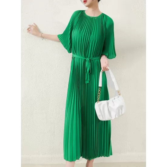 Loose Pleated With Waistband Solid Color Round-Neck Maxi Dresses