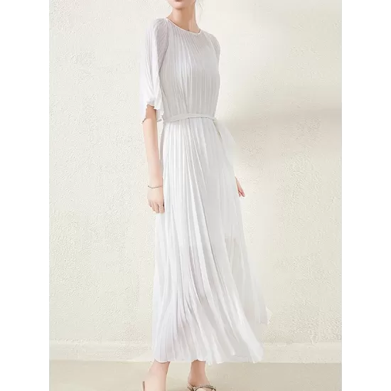 Loose Pleated With Waistband Solid Color Round-Neck Maxi Dresses