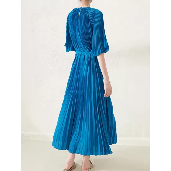 Loose Pleated With Waistband Solid Color Round-Neck Maxi Dresses