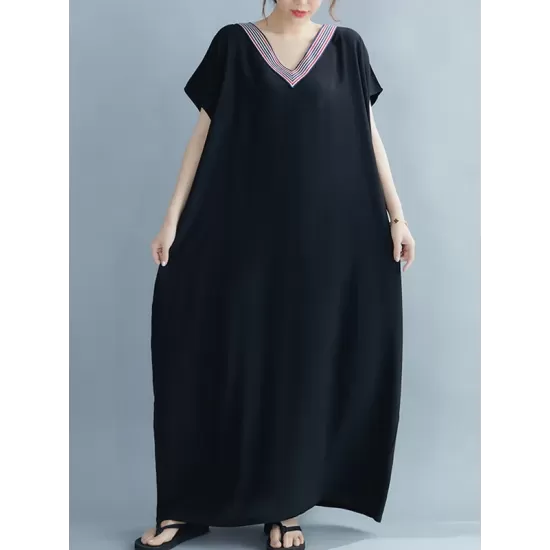 Casual Artistic Retro Striped V-Neck Short Sleeves Maxi Dress