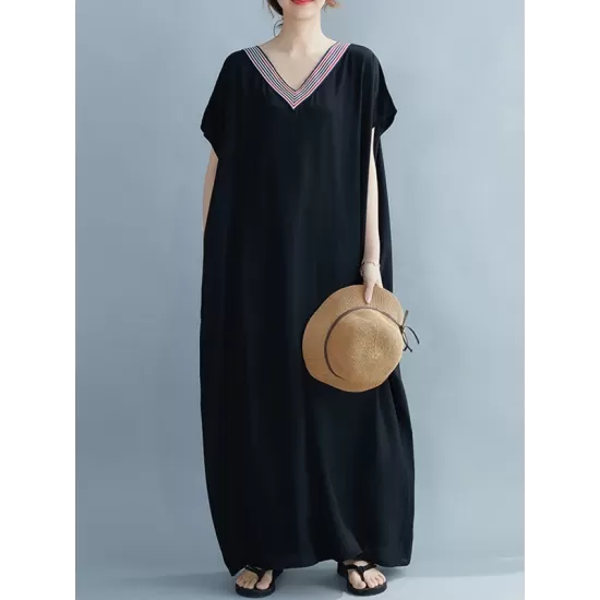 Casual Artistic Retro Striped V-Neck Short Sleeves Maxi Dress