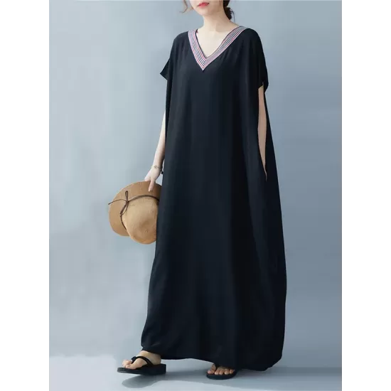 Casual Artistic Retro Striped V-Neck Short Sleeves Maxi Dress