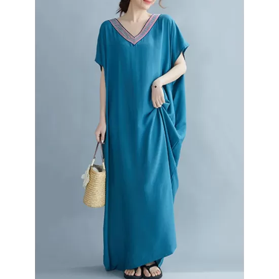 Casual Artistic Retro Striped V-Neck Short Sleeves Maxi Dress