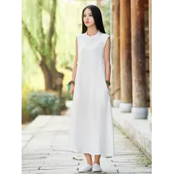 White Ramie Cotton Sleeveless Linen Dress