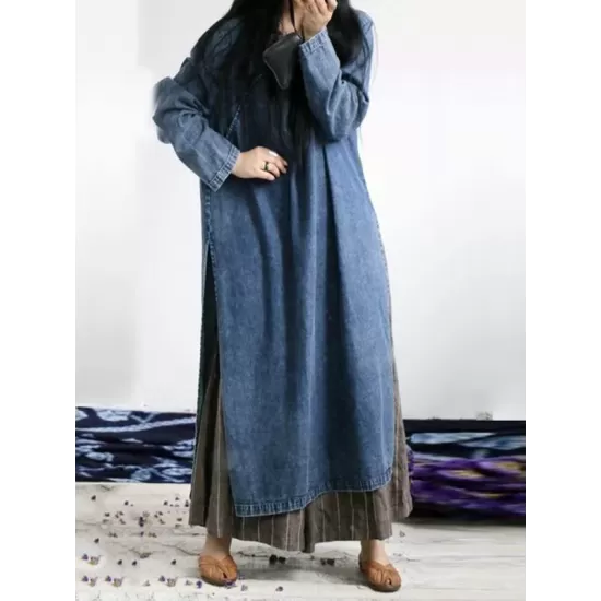 Loose Button Split-side Jeans Long Dress