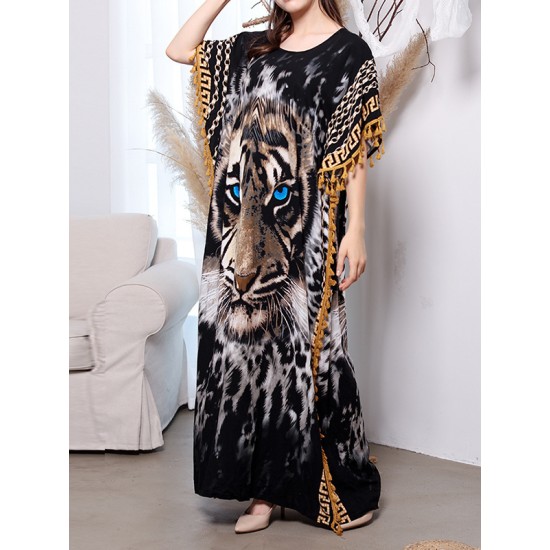 Batwing Sleeves Loose Muslim Tasseled Tiger Printed Maxi Dresses