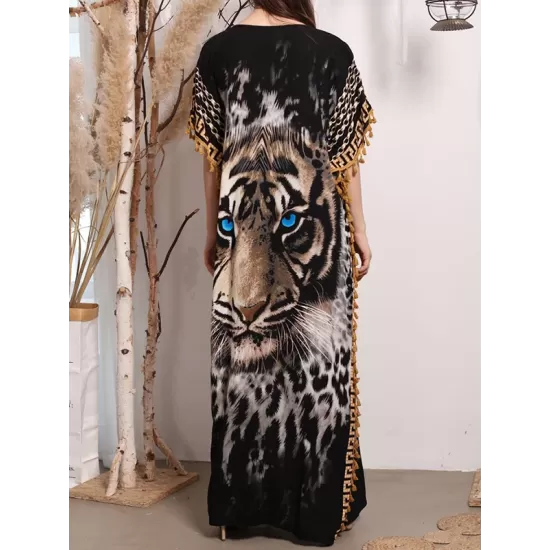 Batwing Sleeves Loose Muslim Tasseled Tiger Printed Maxi Dresses