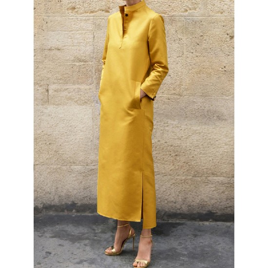 Long Sleeves Loose Solid Color Split-Side Stand Collar Midi Dresses