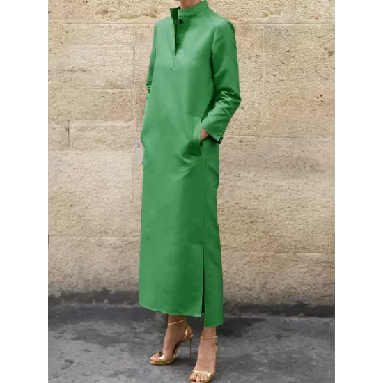 Long Sleeves Loose Solid Color Split-Side Stand Collar Midi Dresses