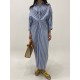 Buttoned Contrast Color Pockets Striped Long Sleeves Loose Lapel Shirt Dress Midi Dresses