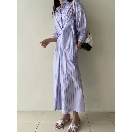 Buttoned Contrast Color Pockets Striped Long Sleeves Loose Lapel Shirt Dress Midi Dresses