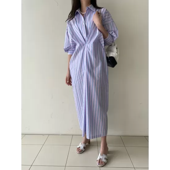 Buttoned Contrast Color Pockets Striped Long Sleeves Loose Lapel Shirt Dress Midi Dresses