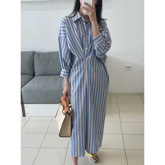 Buttoned Contrast Color Pockets Striped Long Sleeves Loose Lapel Shirt Dress Midi Dresses