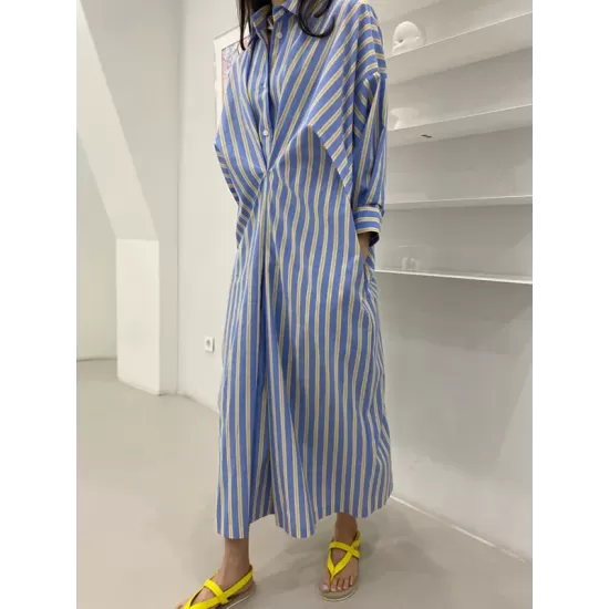 Buttoned Contrast Color Pockets Striped Long Sleeves Loose Lapel Shirt Dress Midi Dresses