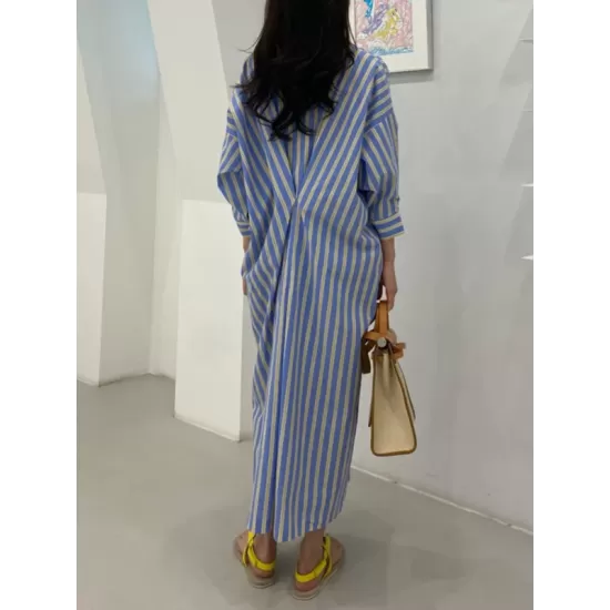 Buttoned Contrast Color Pockets Striped Long Sleeves Loose Lapel Shirt Dress Midi Dresses