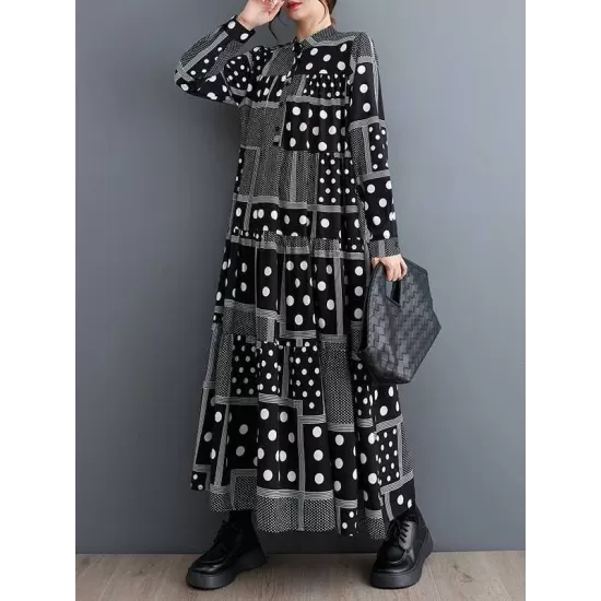 Buttoned Polka-Dot Printed Split-Joint Long Sleeves Loose Midi Dresses