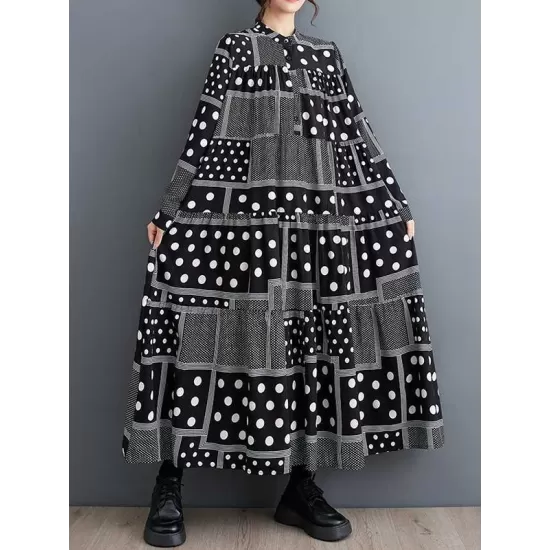 Buttoned Polka-Dot Printed Split-Joint Long Sleeves Loose Midi Dresses