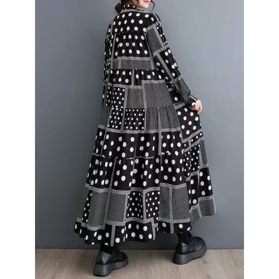 Buttoned Polka-Dot Printed Split-Joint Long Sleeves Loose Midi Dresses